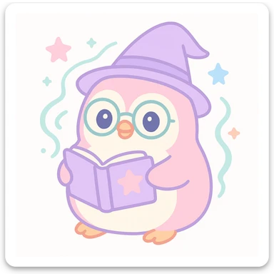 a chubby penguin wizard with glasses, holding an open spellbook, magical aura around sticker