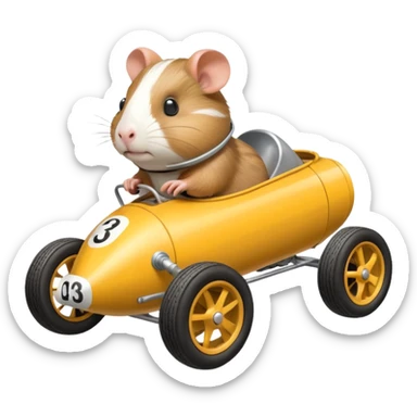 Special air-cooled three-cylinder race car whose frame and suspension is made of shopping cart material with a large rear-mounted gas tank, and rear spoiler, is being piloted by a small Guinea pig sticker