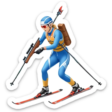 An icon featuring a biathlete in motion, holding a rifle and skiing across a snowy course. The backdrop includes snow-covered trees, distant mountains, and a clear blue sky. Transparent background highlights the precision, endurance, and excitement of biathlon. sticker