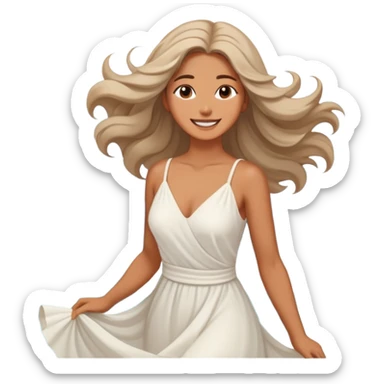 A woman in a flowing dress by the ocean, wind in her hair, a serene and confident smile. sticker