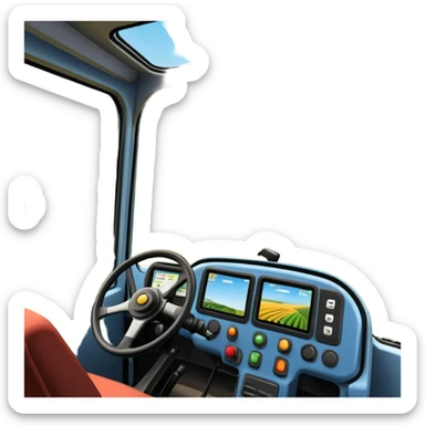 a view from the tractor cabin, with the dashboard in focus, overlooking a vibrant rural landscape. Inspired by Farming Simulator 22, the scene includes fields, crops, and distant barns under a bright sky. The design highlights the immersive experience of farm management. transparent background sticker