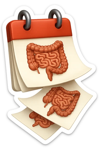 emoji stile iphone di un calendario con fogli che volano insieme, sui fogli ci sono disegnati degli intestini anatomici, iperrealistico 4k, isolato su sfondo bianco sticker