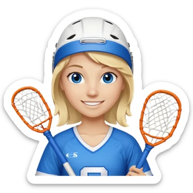 Blonde white with blue eyes lacrosse player holding one lacrosse stick wearing blue and white gear  sticker