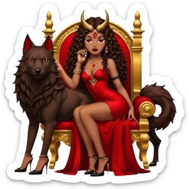 Lilith symbol seductress evil brown curly long hair haired, sexy succubus woman with red and black Chanel dress on. Amred and black stiletto platform high heel shoes on. sitting on a Black and gold throne. A large black wolf laying beside her sticker