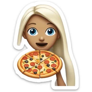 Woman with long black hair and blue eyes eating pizza  sticker