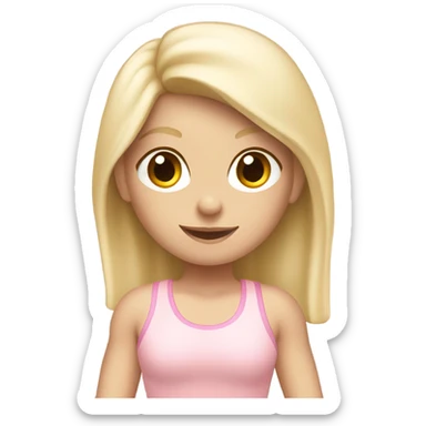 A blonde white girl in a light pink fitness suit with a fitness mat sticker