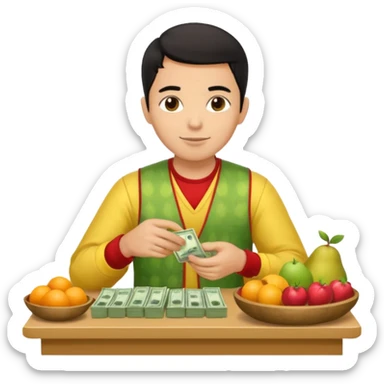 chico piel clara pelo negro con ropa de frutero sentado en una mesa contando mucho dinero sticker