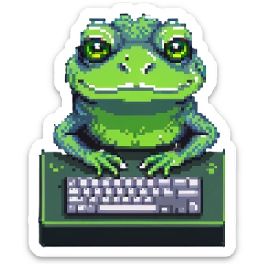 Pepe the frog meme character coding on computer, green frog with sad eyes typing on keyboard sticker