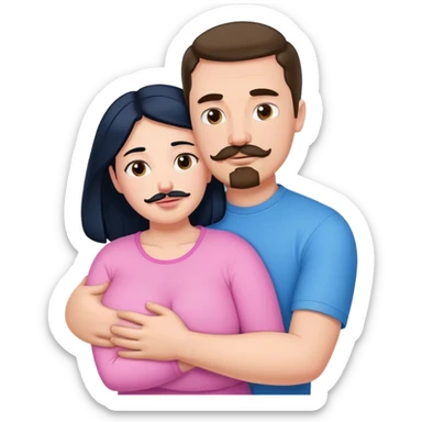 Tall strong white man with brown mustache goatee wearing blue hugging a chubby short pale woman with long black hair wearing pink sticker