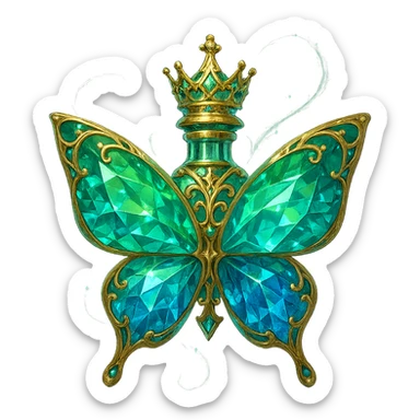 very close to original: crystal butterfly-shaped bottle with short neck and princess crown, green and blue colors, more facets, glowing, ornaments, decorations, golden details, magical effects, premium class, transparent background, bottle clearly flying in air, no base or shadow sticker