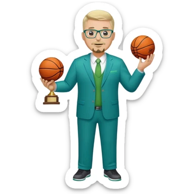 Full Body white male plus size wearing glasses with a goatee with light blonde and gray very short hair happy basketball head Coach in blue and green suit holding trophy sticker