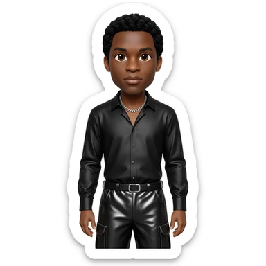 James Brown with dark brown eyes, black hair, black metallic shirt, black metallic baggy pants, silver necklace sticker