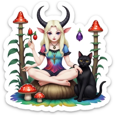 Feminine Baphomet sitting on a tiedye mushroom petting a cat sticker