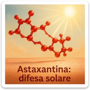 hyper realistic red astaxanthin molecule protecting skin from sun damage, red molecule above skin with UV rays, positive atmosphere, realistic details, text 'Astaxantina: difesa solare' sticker