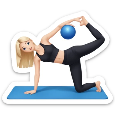 generate a pretty woman in black gym clothes doing pilates on a blue mat with a small blue ball sticker