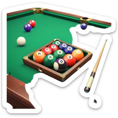 Two crossed pool cues resting on a billiard table, with colorful billiard balls scattered across the surface. The background features the felt of the table and the classic triangular rack, creating an inviting atmosphere for a game of precision and strategy sticker