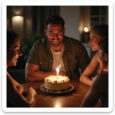 4K detailed birthday party scene of a man blowing out candles receiving a gift of gym clothes or a gym membership, friends joking about slow metabolism, cheerful atmosphere sticker
