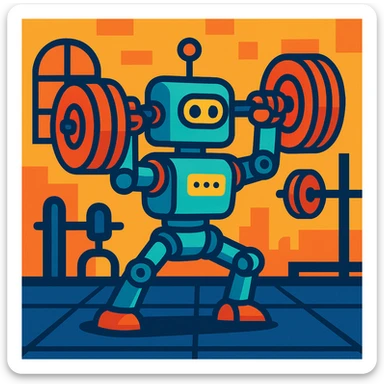 a robot lifting weights in a gym, vibrant cartoon style sticker