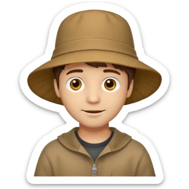 A light-skinned man with short brown hair, golden-brown eyes, and a soft smile, wearing a wide-brimmed brown bucket hat. sticker