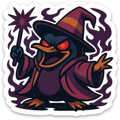 Make the crazy wizard penguin look evil, with a sinister expression, glowing red eyes, and dark magical aura in a vibrant cartoon style. sticker