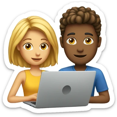 Two people are looking into the laptop sticker