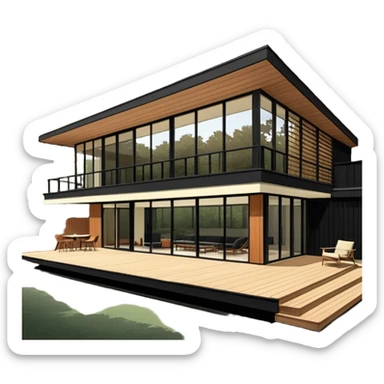 midcentury modern house with 1000 sqft and all windows and a sliding windows on corner. Single story. High ceilings, black and vertical wood slats for outside walls of home. Wood deck with complementary but different wood and shade from larger wood slats. With overhanging shade and slats. sticker