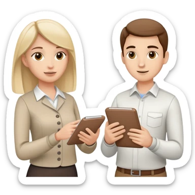 Two team members facing each other, one holding a notepad and the other gesturing, in a collaborative pose sticker
