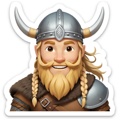 Clash of Clans aesthetic: Cinematic Cheerful Viking Portrait Emoji, With a bright, confident smile and a relaxed, adventurous stance, showcasing a stylized, spirited build with a classic Viking helmet and braided hair, his natural skin tone lending authenticity, Simplified yet expressive features, highly detailed, glowing with a soft, golden Nordic radiance, high shine, upbeat and courageous, stylized with an air of classic Viking heroism, soft glowing outline, capturing the essence of a cheerful Viking ready to embark on legendary quests! sticker