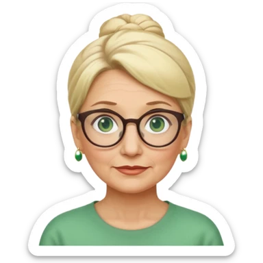 older teacher with blonde bun green eyes and glasses sticker