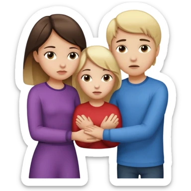  iOS emoji style.
A girl holding hands with two boys at the same time,one boy si brunette the other blonde, one on each side. the brunette one is kised by the girl but the blonde one si holding hand with her
The girl has a suspicious, guilty expression
 smooth gradients, rounded shape sticker