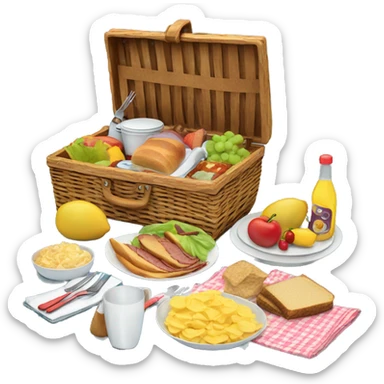 Realistic picnic lunch basket with lid open and food and dishes Packed inside   sticker