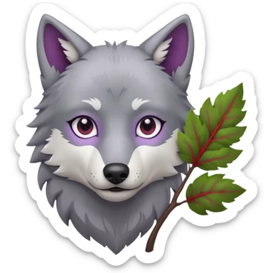 A wolf with lilac gray eyes and holding a weirwood leaf sticker