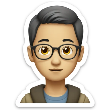 a young bald-headed Asian boy, in glasses, thinking deeply sticker