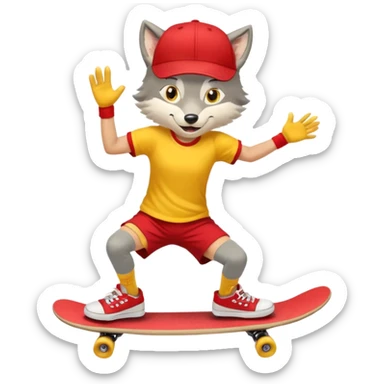 A gray wolf with large, expressive eyes and a friendly smile. The gray wolf is wearing a bright yellow T-shirt, red shorts, white knee socks, and sneakers. The baseball cap is on backwards. The wolf is preparing to perform a skateboarding trick. sticker