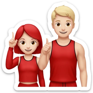 Girl and boy in red gym clothes who points out sticker