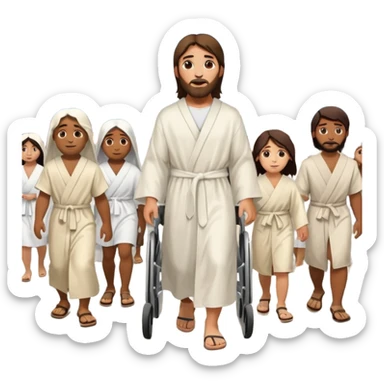 Jesus walking on a busy city street with a multicultural crowd, including people in wheelchairs and with different skin tones sticker