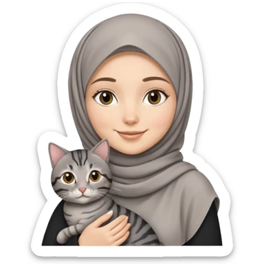 White girl wearing hijab smiling while holding a black grey tabby cat sticker