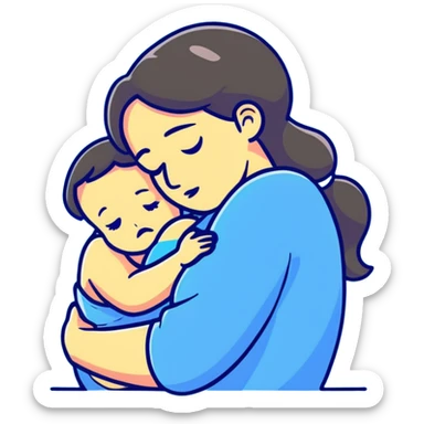 mother hugging a sad child, cartoonish, warm colors sticker