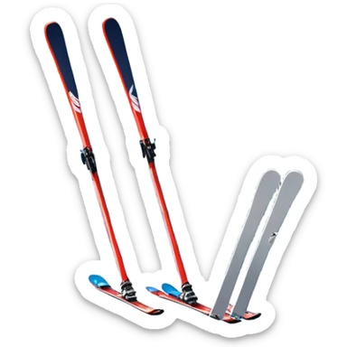 An icon featuring a pair of skis and ski poles in the foreground, set against a picturesque snow-covered slope. The background includes snowy peaks and evergreen trees, symbolizing the excitement and beauty of winter sports. Transparent background highlights the thrill of skiing and snowboarding. sticker