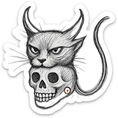 Make the black cat with demon horns and skull less cartoonish, more realistic hand drawn style, expressive linework, no fill, preserve the red spiral on the skull, transparent background. sticker