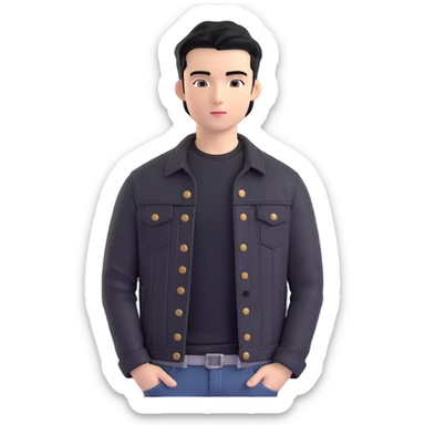 3D emoji Microsoft style, young man with black hair, wearing black t-shirt and black denim jacket, based on photo reference sticker
