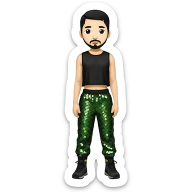 Mike Shinoda with black hair, black sequin crop top, olive sequin baggy pants sticker
