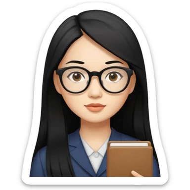 30 yr old asian woman, straight thick long black hair, big black glasses, side part sticker