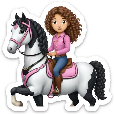 Realistic mixed race girl with long curly hair, riding a big black and white draft horse, wearing pink harness and saddle  sticker