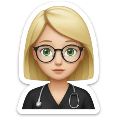 A girl in black scrubs with a blonde bob and glasses no stethoscope green eyes sticker