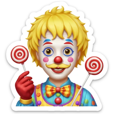 Funny clown — yellow wig, mustache, candy in hand sticker