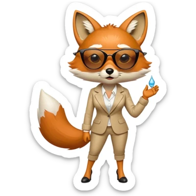 serious anthropomorphised female fox in stylish outfit with sunglasses, crying and looking to the left, full-body view sticker