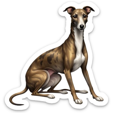 cinematic-[brindle greyhound]-realistic-full-body-sitting-emoji,-tail-resting-loosely-beside-its-paws,-head-tilted-dramatically, -sleek-[dark brindle]-fur,-simplified-yet-realistic-focused-features,-highly-detailed,-glowing-with-an-almost-sarcastic-glow sticker