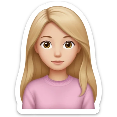 Crea una chica güerita con pelo largo café claro y raíces güeras, ojos rasgados cafés oscuros, suéter o camisa rosa claro sticker