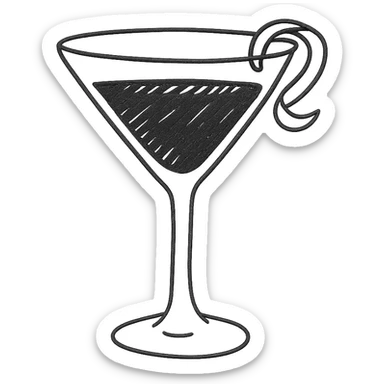 cocktail glass with burgundy drink and a lemon twist garnish, hand drawn style sticker